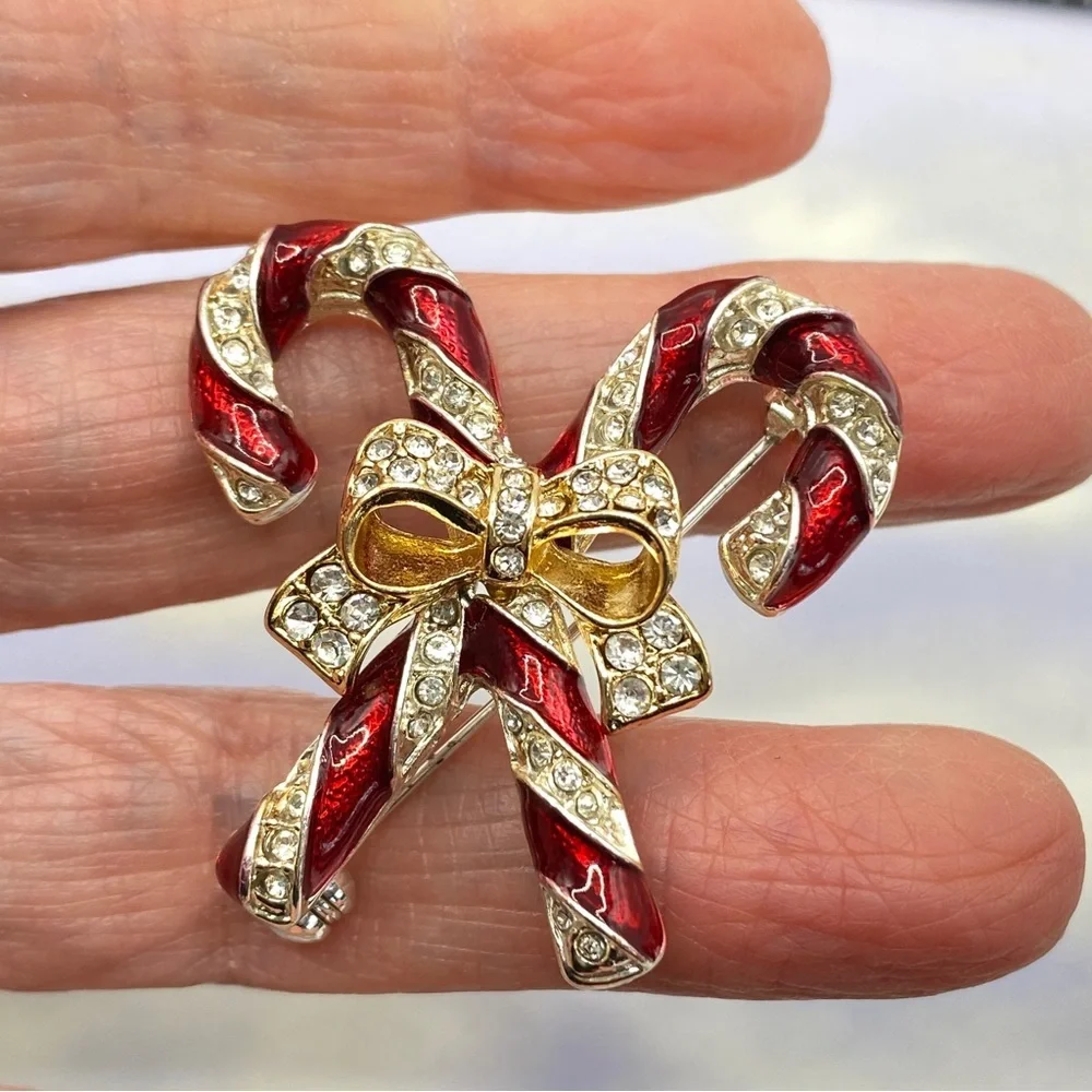 Candy Canes Rhinestone Silver Tone Holiday Christmas Brooch